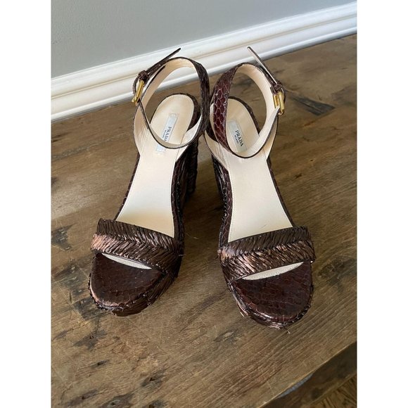 PRADA Wicker Woven Ankle Strap Platform Wedges - Picture 5 of 10